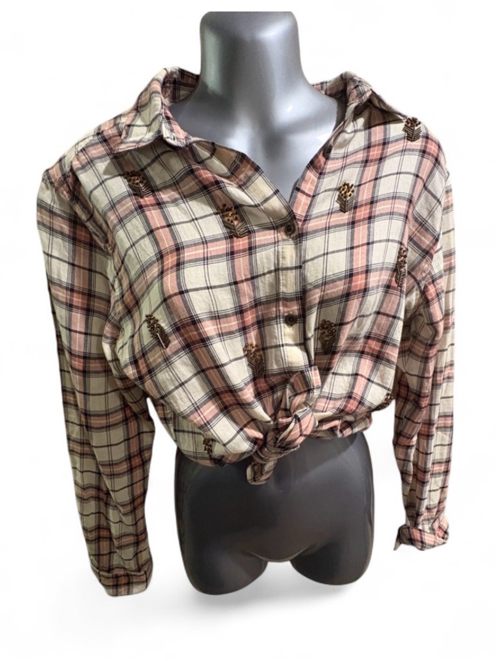 Maison Scotch Beaded Plaid Button Down Shirt Sz S Scotch & Soda